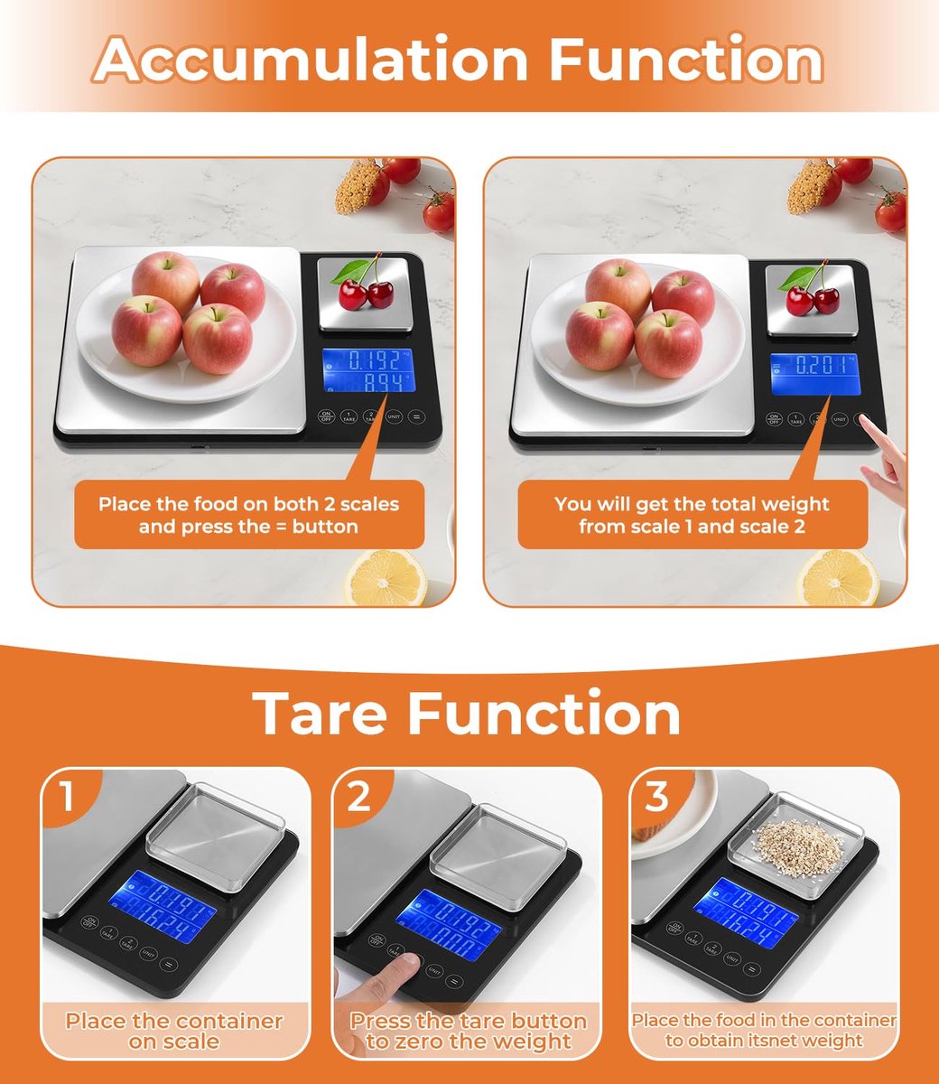 SnelShoppen - Digitale weegschaal met dubbel platform tot 10 kg/1 g en 500 g/0,01 g, USB-oplaadbaar, roestvrij staal, lcd-display, tarra-functie, 7 ge