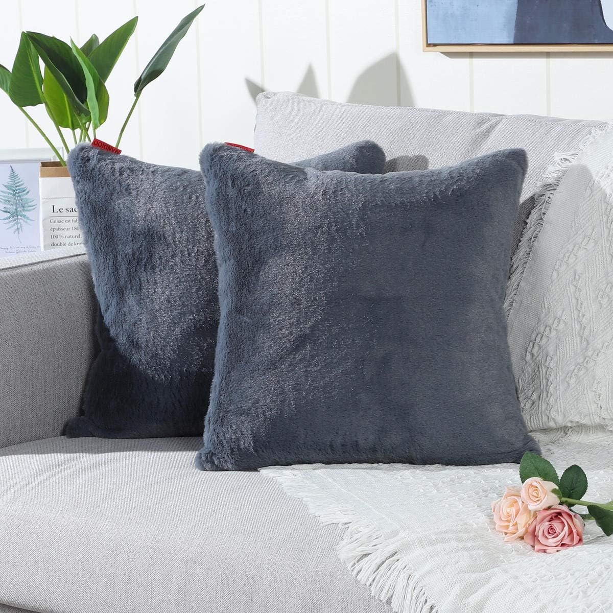 SnelShoppen - Set van 2 Kussenslopen 40 x 40 cm Grijs Imitatiebont Pluizige Kussenhoezen Decoratief voor Woonkamer Bank Slaapkamer Moderne Sierkussenh