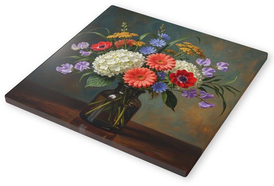 Canvas 60x60 Zomers Bloemstilleven met Hortensia Gerbera en Anemonen in Glazen Vaas Kleurrijk Veldboeket Schilderij Wanddecoratie Woonkamer Kunst 60x60 cm