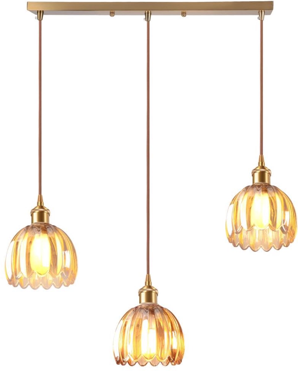 SnelShoppen - DLGLOLIN Hanglamp Glas Amber Bloem 3 Koppen Vintage Messing Goud Kroonluchter Modern Plafondverlichting Art Deco voor Woonkamer Eetkamer