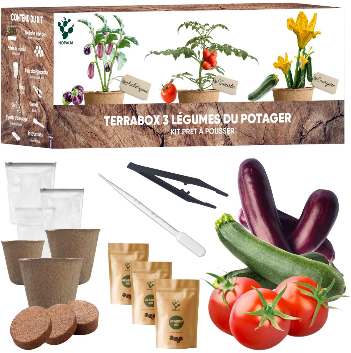 SnelShoppen - NOPALIA® Kant-en-kweekset – Biologische Zaden Tomaat, Courgette, Aubergine – Tuinieren Binnen en Buiten – Origineel Cadeau voor Doe-Het-