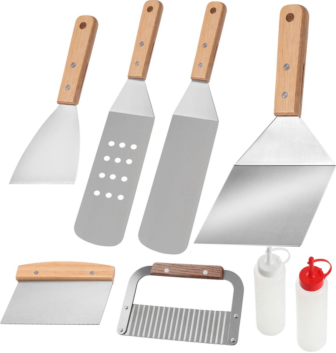BBQ-gereedschapset - 8-delige set - BBQ-spatel en gereedschapset - BBQ-accessoires - Geschikt voor barbecues en keukens - Roestvrij staal