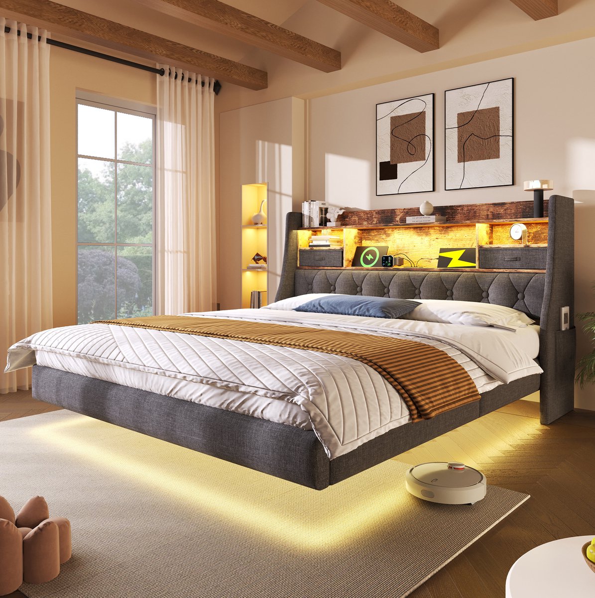 DESMIU Bed 180x200cm - Ledverlichting En Laadstation - Hoofdbord Met Opbergruimte - Voor Volwassenen En Slaapkamer - Linnen - Grijs - Zonder Matras