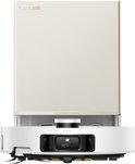 Witte Dreame robotstofzuiger met 'AI Action' en 'Dreame' logo. Het apparaat heeft een beige gestreepte bovenkant.