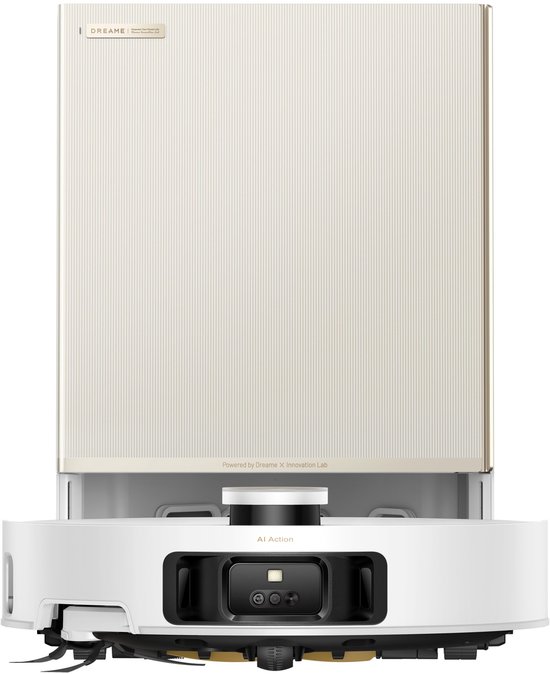 Witte Dreame robotstofzuiger met 'AI Action' en 'Dreame' logo. Het apparaat heeft een beige gestreepte bovenkant.