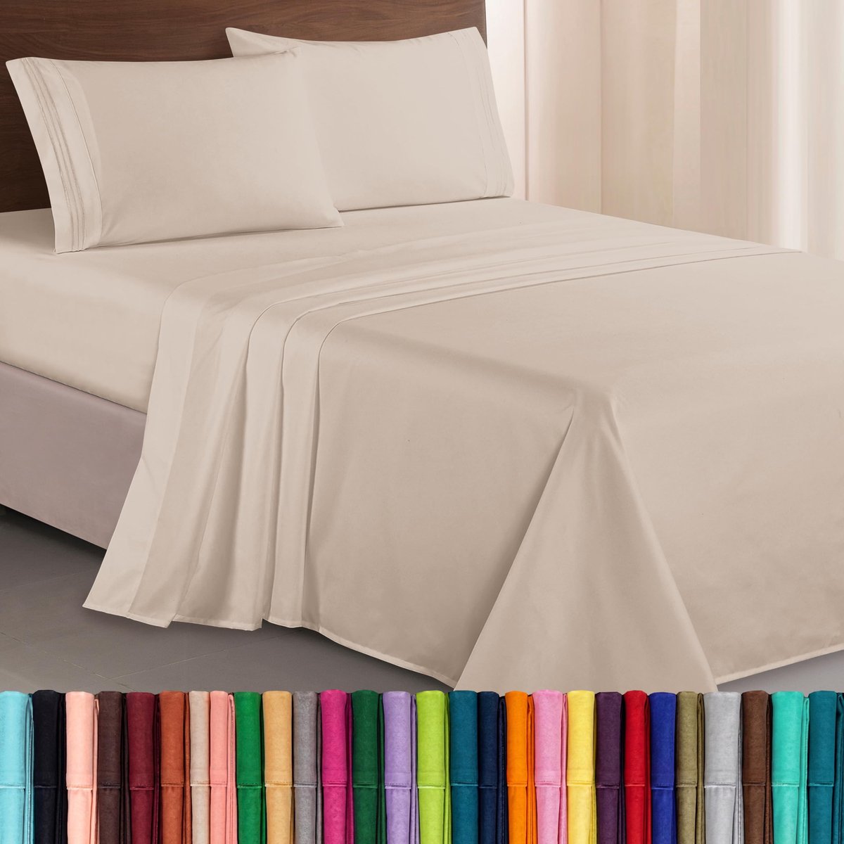 SnelShoppen - Luxe 1500 Premium Microfiber Drielijn Geborduurde Lakenset, Rimpel- en Vervagingsbestendig, 4-delig, Queen, Crème voor Ultiem Comfort