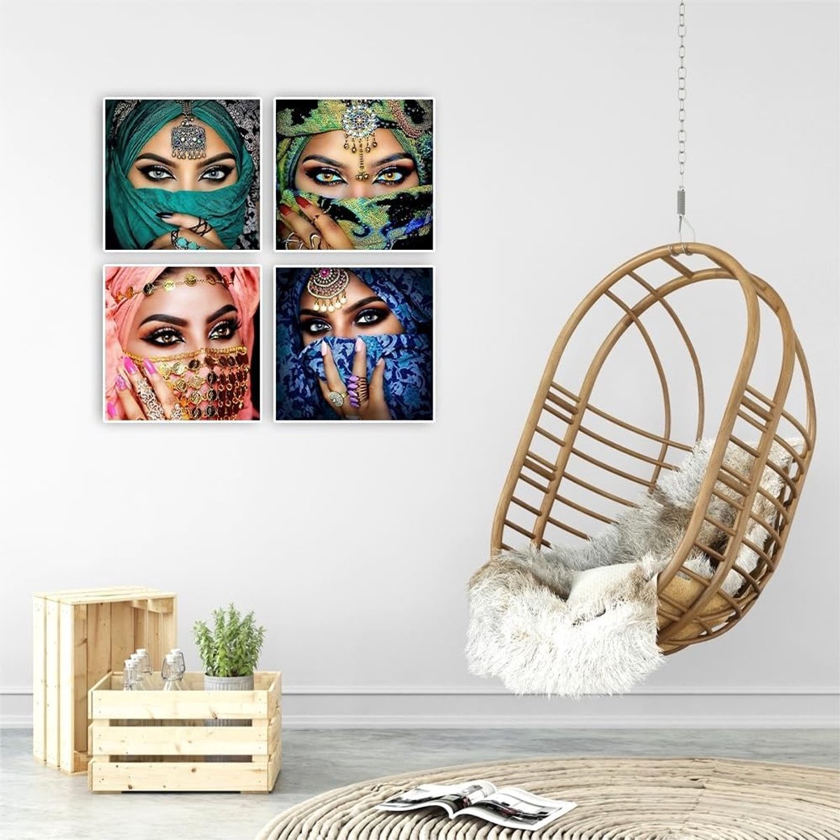 30 x 30 cm 4-delige set met ronde diamanten borduurpuzzels voor volwassenen - DIY diamant schilderen van exotische vrouwen, creatief en ontspannend knutselproject