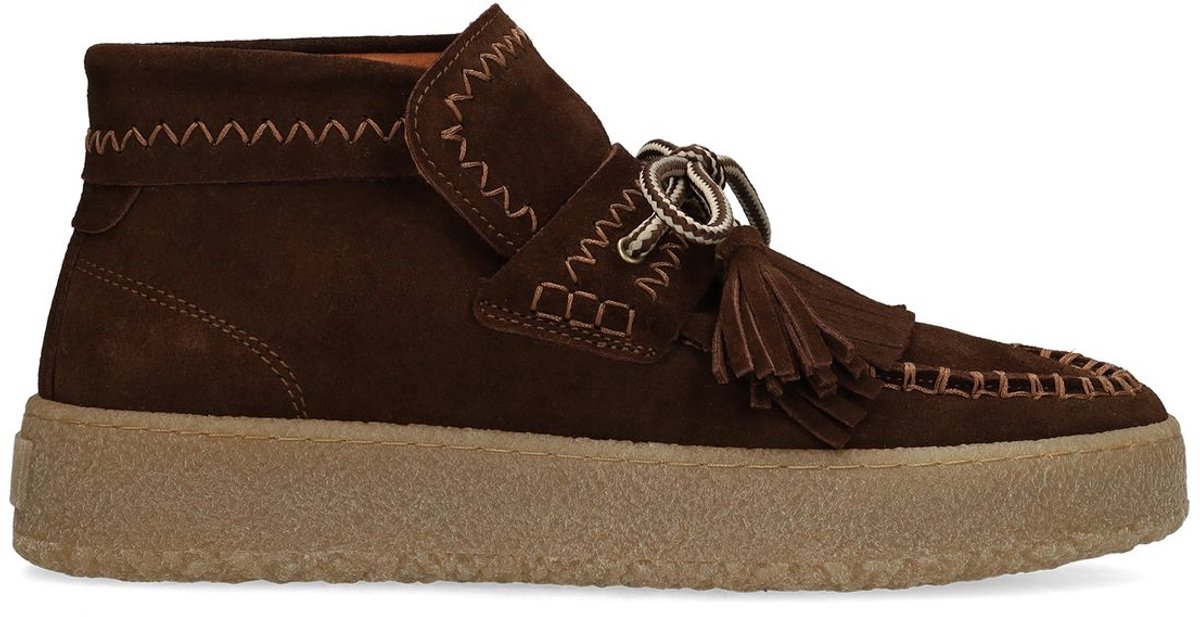 Manfield - Dames - Donkerbruine suède boots met franjes - Maat 39