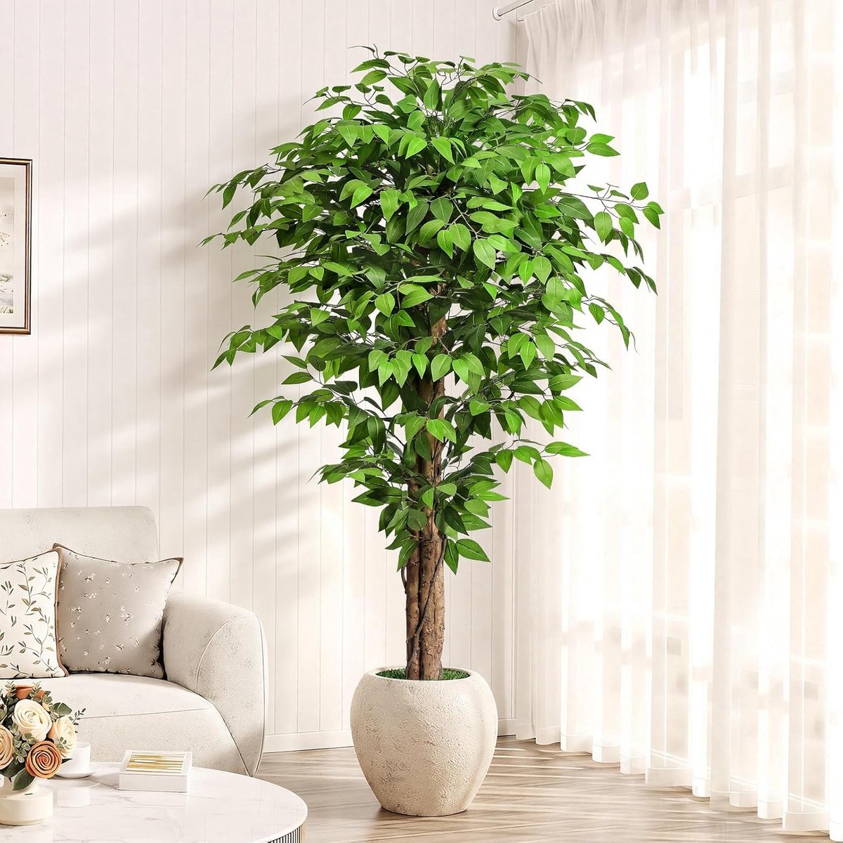 SnelShoppen - Ficus kunstboom 1,9 m met 3 gebogen stammen - Levensechte groene nepficus voor huisdecoratie - Perfect voor woonkamer, kantoor, en feest