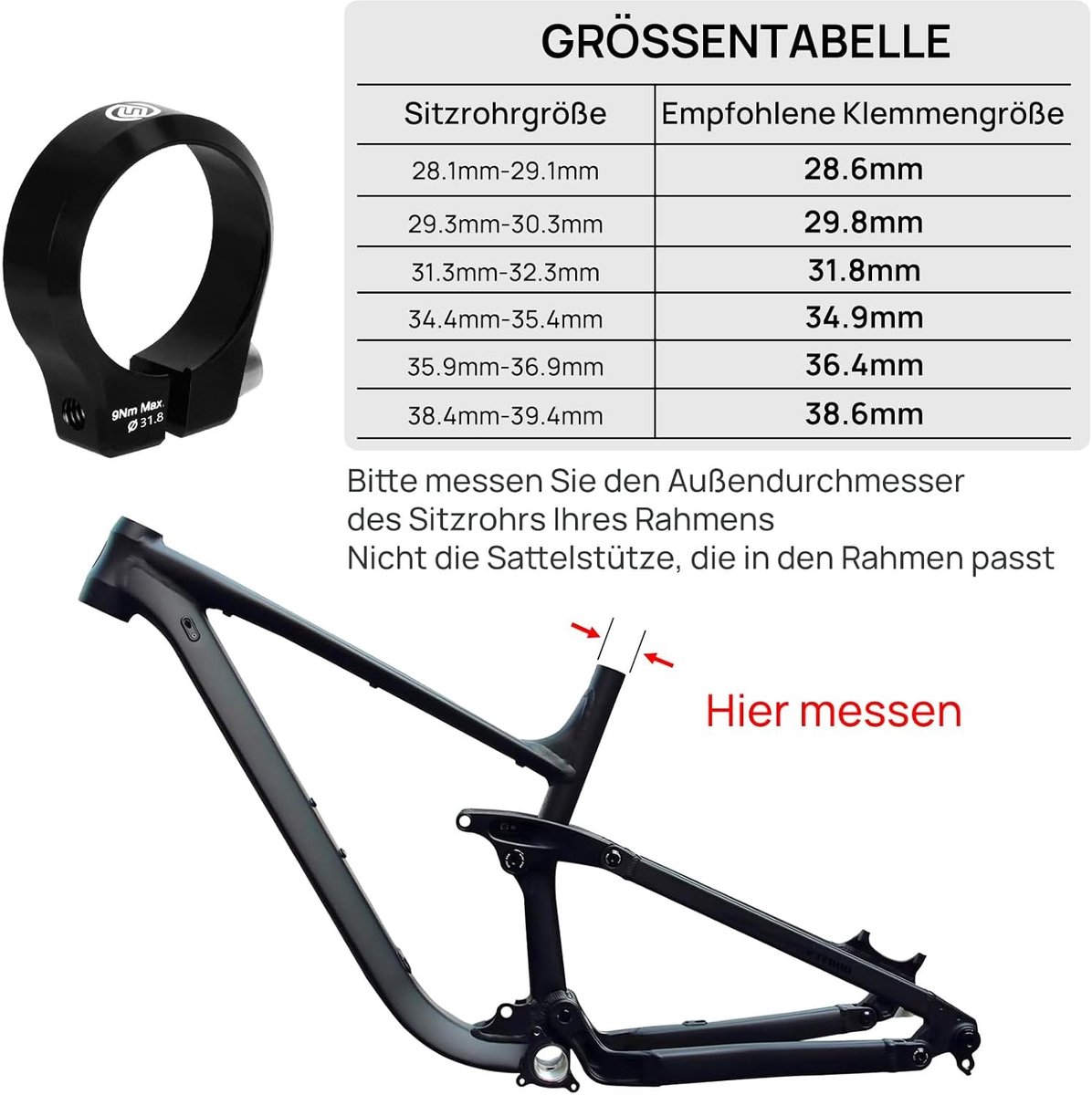 Bicycle Seatpost Klem van Aluminium Legering, Geschikt voor 28.6/29.8/31.8/34.9/36.4/38.7mm, Ideaal voor MTB's en Racefietsen, Zwart