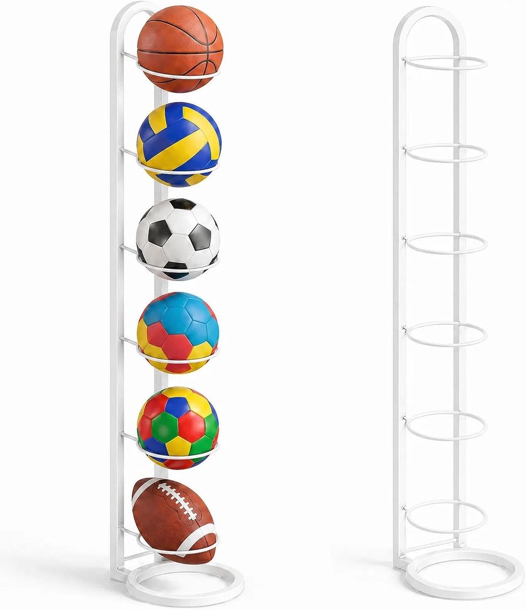 SnelShoppen - TFSZE Balstandaard met 6 Niveaus, Metalen Balhouder, Verticaal Balrek voor Voetbal, Basketbal en Sportuitrusting, Wit Opbergrek voor Thu