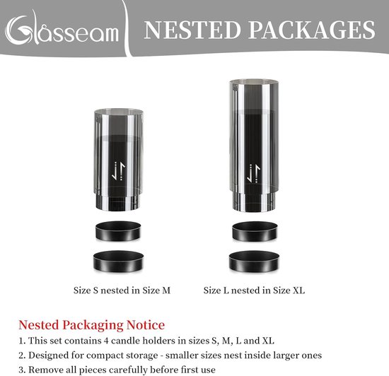Twee transparante glazen cilinder kaarshouders, een kleine in een grotere, met zwarte bases. 'Nested Packages'.