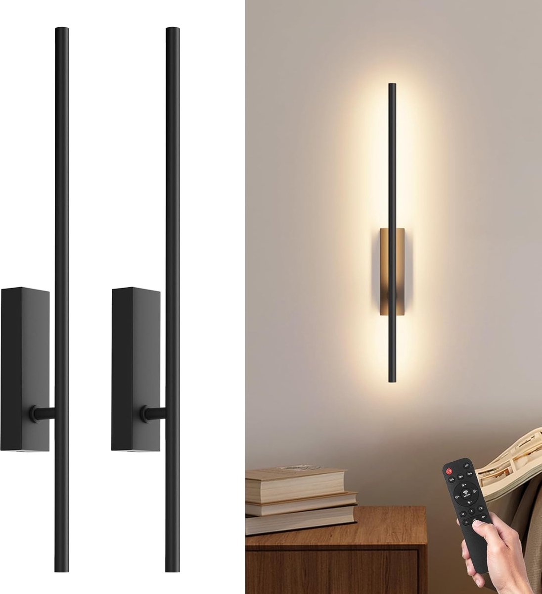 Pack of 2 LED Wall Light with Remote Control, Black, 60 cm, 18 W, 330° Rotatable, 3000 K-6000 K, with Dimming and - ShopVlot