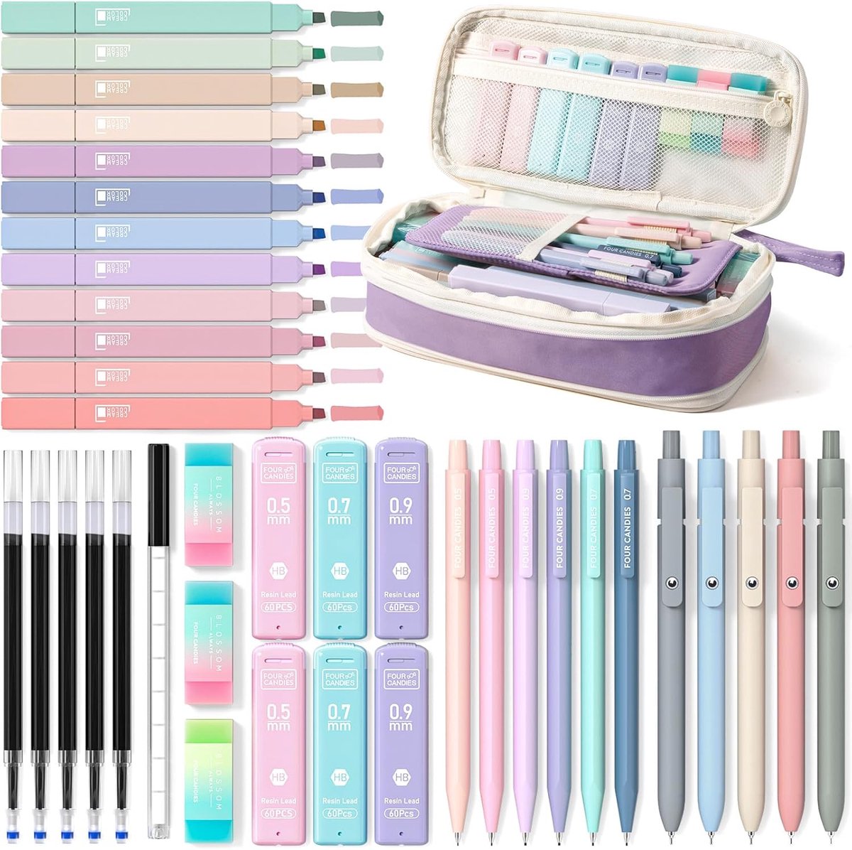 SnelShoppen - Four Candies 39 stuks schoolspullen met etui, 12 pastelmarkeerstiften, 5 gelstiften, 6 vulpotloden, esthetische pennen en coole spullen
