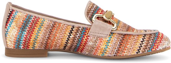 Bruine instapper met een kleurrijk zigzagpatroon, gouden bitje en beige suède hiel.