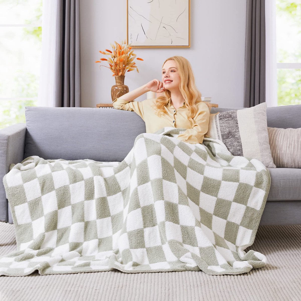 SnelShoppen - Geruite Deken Saliegroen Microvezel Zacht Warm Pluizig Handgemaakt Lichtgewicht 127 x 177 cm Voor Bank Stoel Bed Camping Picknick Reizen