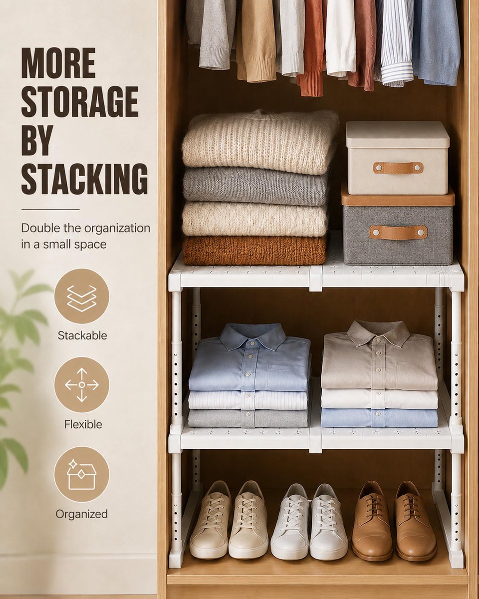 SnelShoppen - Uitbreidbaar Kastrek, Stapelbaar en Verstelbaar Keukenrek, Wit, Robuust Kastorganizer, Verstelbare Lengte 47-68 cm voor Keuken, Badkamer