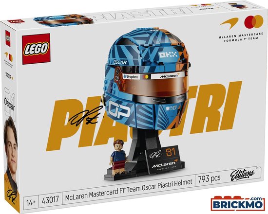 LEGO-doos met een blauw-oranje McLaren F1-helm, minifiguur en de tekst "Oscar Piastri".