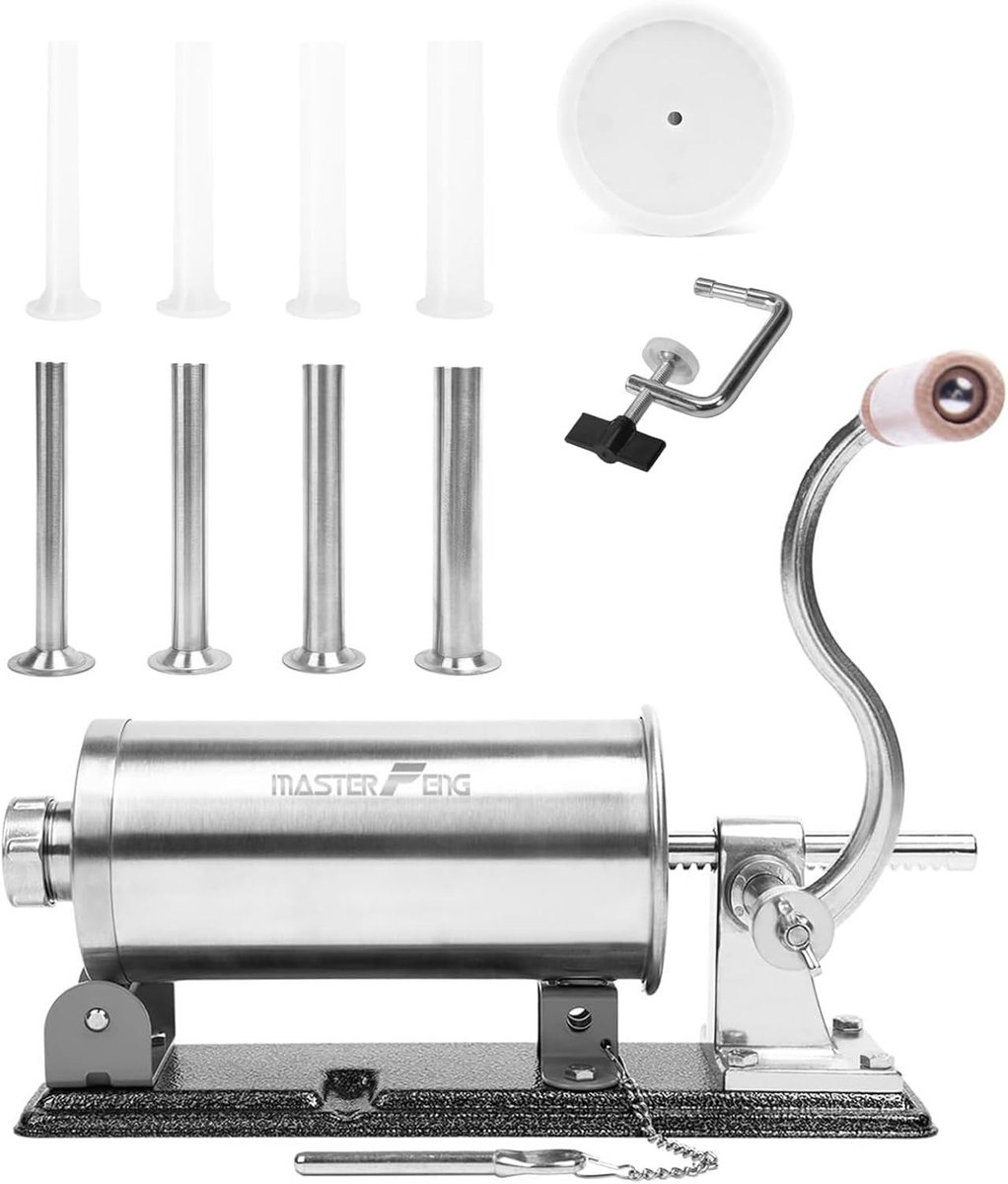 Horizontale Vleesvulmachine van RVS 2.5kg met 8 Vultrichters en 1 Siliconen Huls voor Sausages, Worst maken en Vleesverwerking