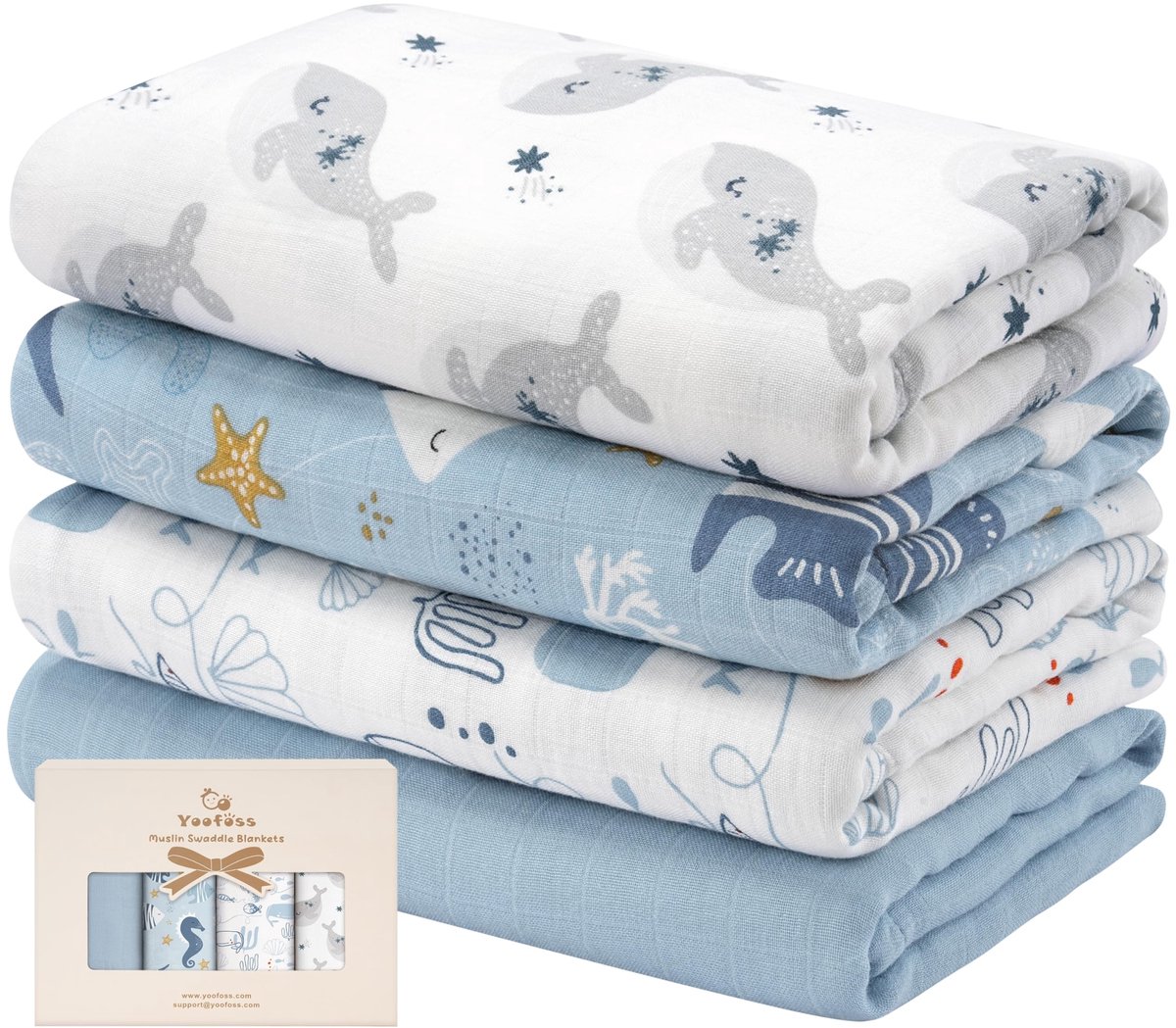 SnelShoppen - Set van 4 Inbakerdoeken voor Baby's 120x120 cm van Katoen en Bamboe, Wikkeldoek, Swaddle Deken, Babydeken, Inbakerdeken, Muildoeken, Bad