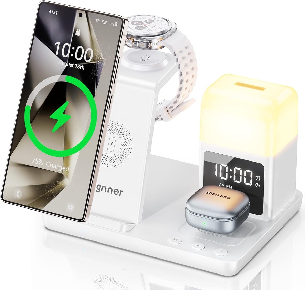 6-in-1 Oplaadstation met Alarmklok en 3 Kleuren Licht, Draadloze Snellader voor Smartphones en Smartwatches, 15W Snelladen voor Galaxy S25 S24 Z Fold6 Flip Note Galaxy Watch Ultra/6/5 Pro