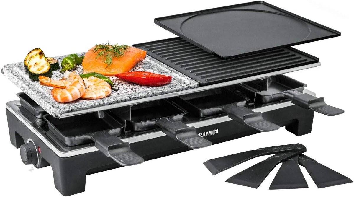 Raclette Grill - Gourmet Set - Gezellig Eten - 3 Combinatie Platen - 8 Pannetjes - Zwart Roestvrij Staal