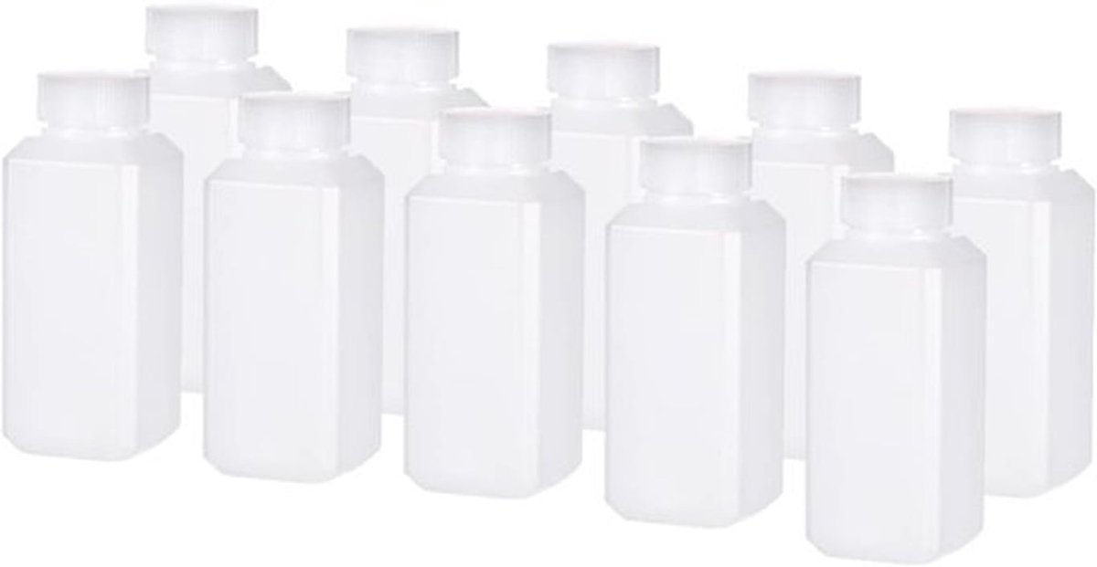 10 Stuks Chemische Opslagflessen, Vierkante Breedmond Containers | Ideaal voor Laboratorium, Opslag en Fabriek (Wit, 120-ML)