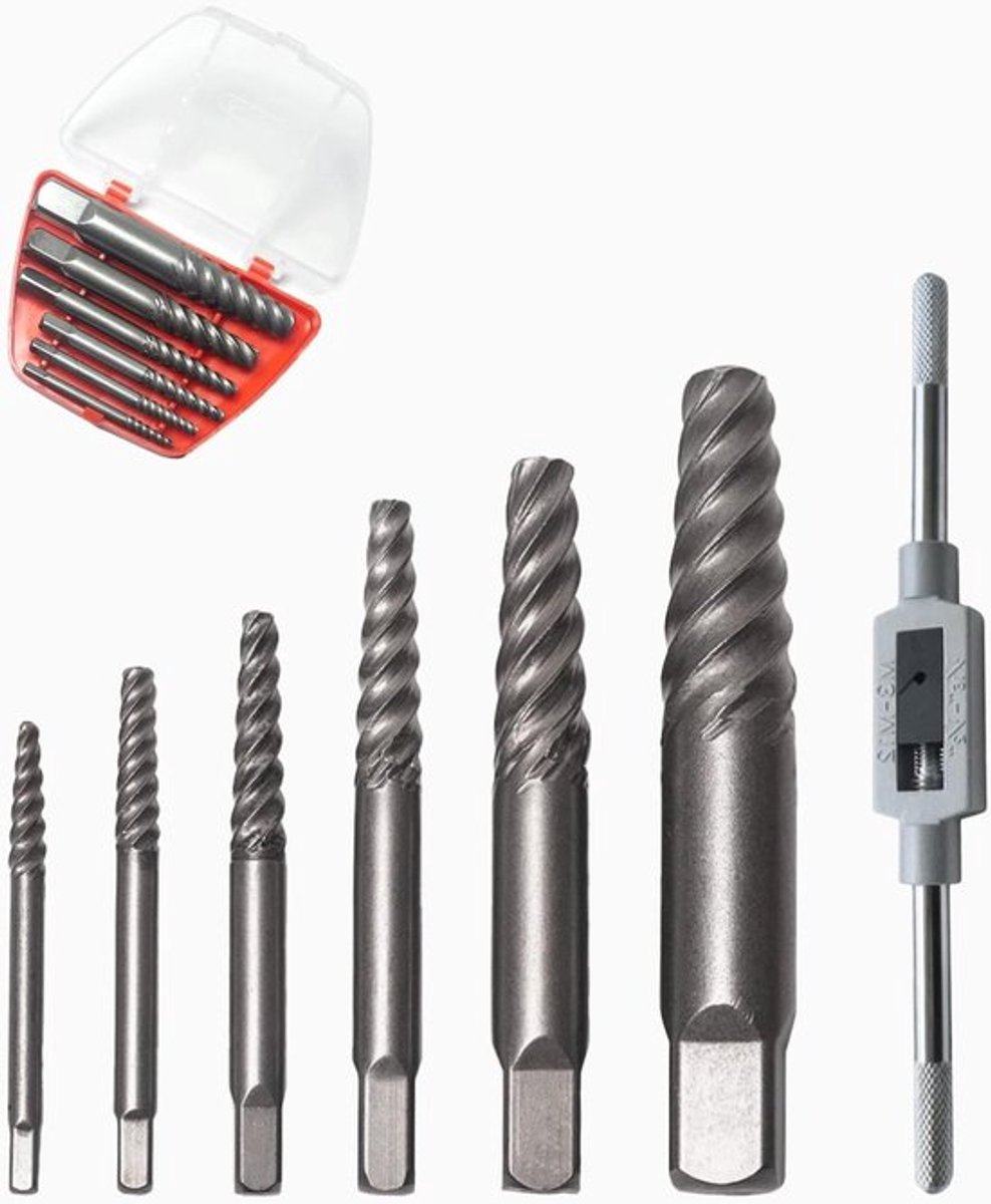 Professionele schroevendraaier voor linkse schroefdraad met compacte behuizing en opbergdoos voor het verwijderen van beschadigde schroeven en buizen van 2.5-12 mm, van staal