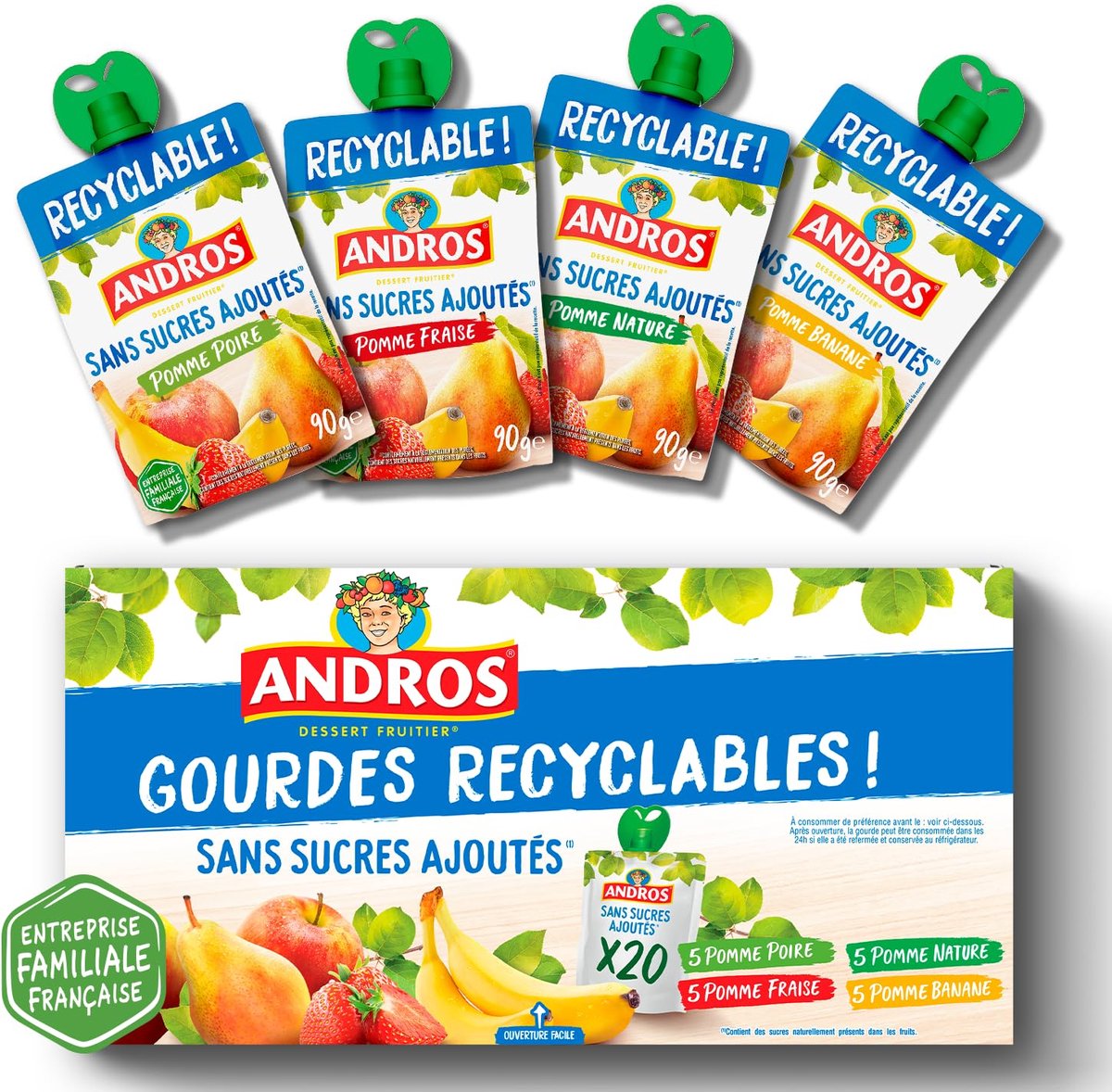 SnelShoppen - Fruitcompote Drinkfles - Zonder Toegevoegde Suiker - Appel + Peer + Aardbei + Banaan - Ideaal voor Kinderen - 20 Stuks 90g - Recyclebaar