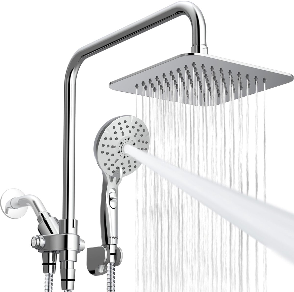 SnelShoppen - Dubbele Doucheset 20 cm Hoge Druk Regendouche met Handdouche 6 Standen, Verchroomde Afwerking, Verstelbare Glijstang 38 cm, Kantelbaar v