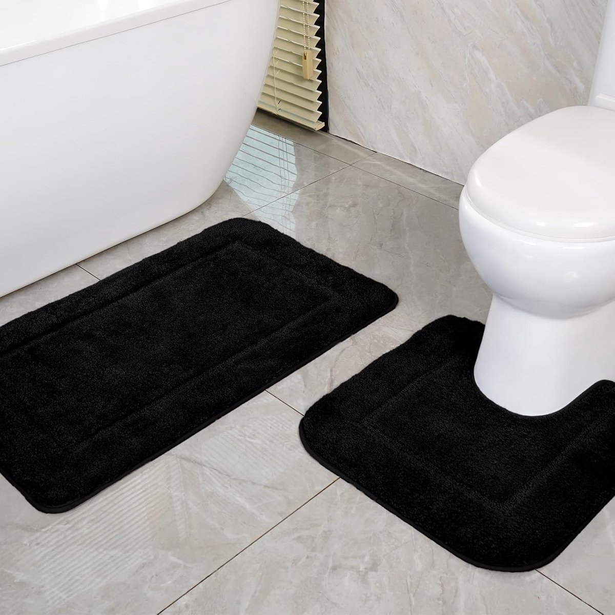 SnelShoppen - Badmat set van 2, zachte microvezel badkamertapijt, antislip en waterabsorberend, 53 x 86 cm badmat en 50 x 50 cm wc-mat, zwart voor bad