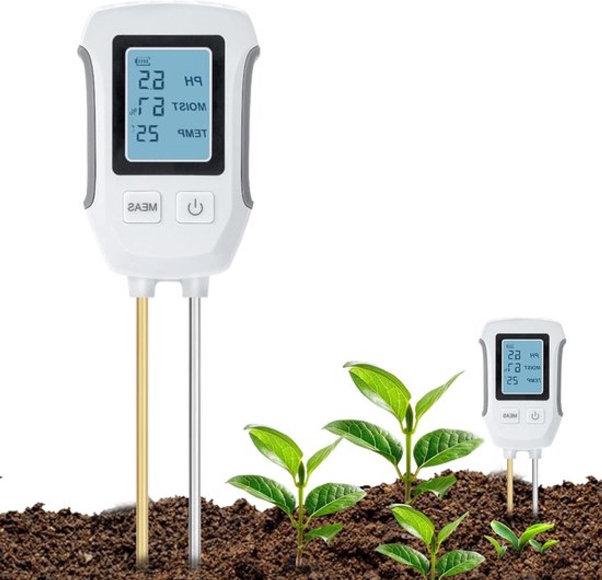 3-in-1 pH Bodemmeter voor Tuinieren, Temperatuur- en Vochtigheidsmeter met LCD Scherm en Achtergrondverlichting voor Planten en Tuinbouw - Wit