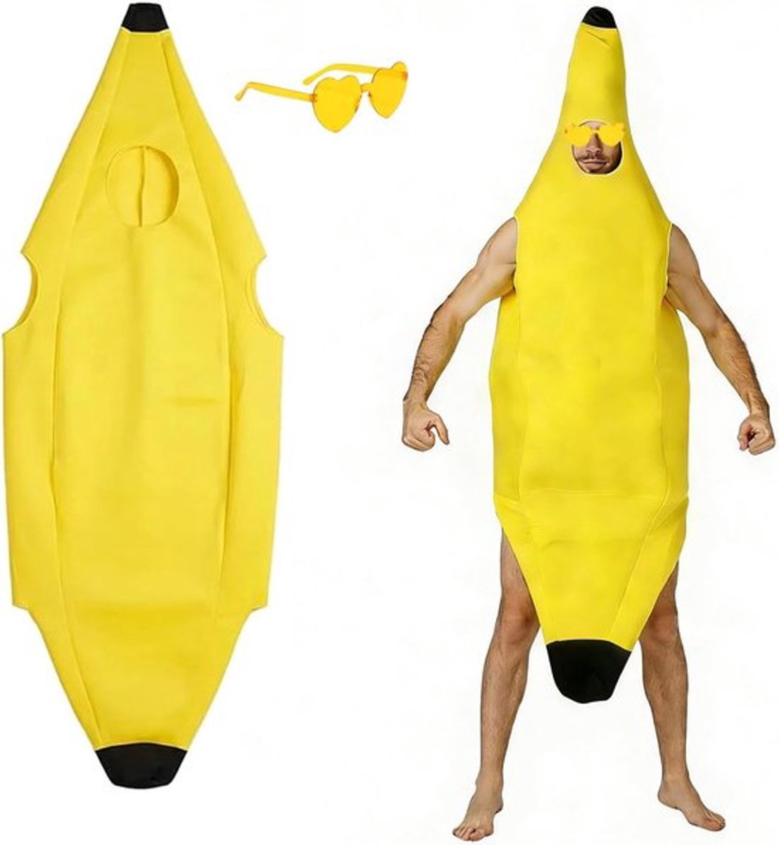 Banana Kostuum met Bril voor Volwassenen 150 cm Grappige Eenheid Fruit Outfit van Ademend Fleece voor Carnaval Halloween Feest Cosplay en Fotoshoot
