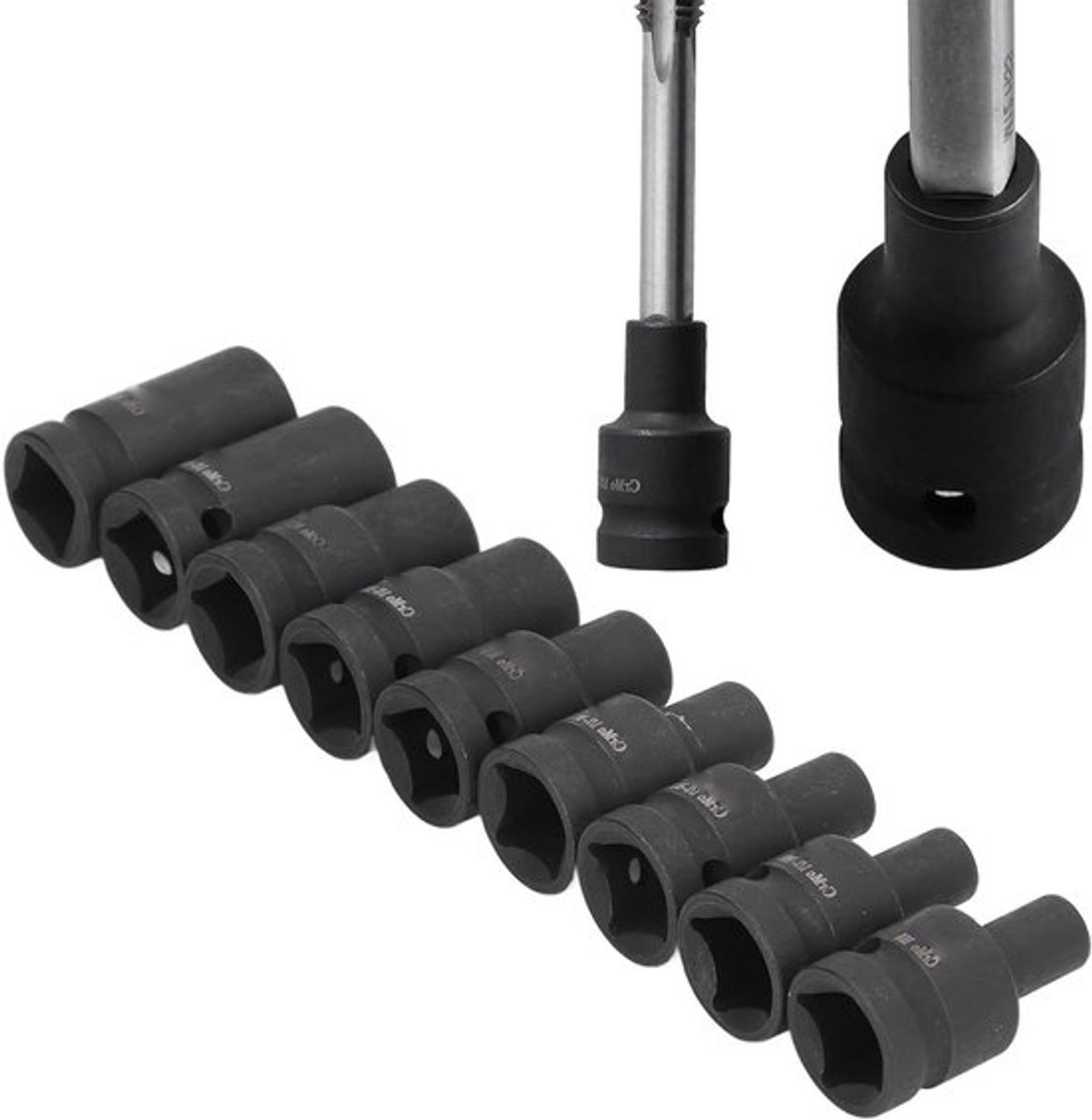 Complete 9-delige Steeksleutelset met 1/2 Inch Aandrijving en Adapter - Cr Molybdeen Stalen Vierkante Steeksleutels voor M6, M8, M10, M12, M14, M18, M20, M22, M24