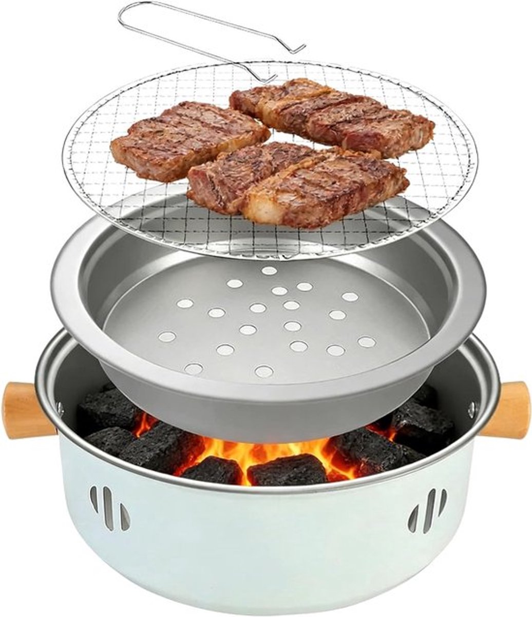 Draagbare houtskoolgrill voor binnen en buiten, mini BBQ met bakrooster van 26,5 cm, ideaal voor huisfeest, picknick en camping