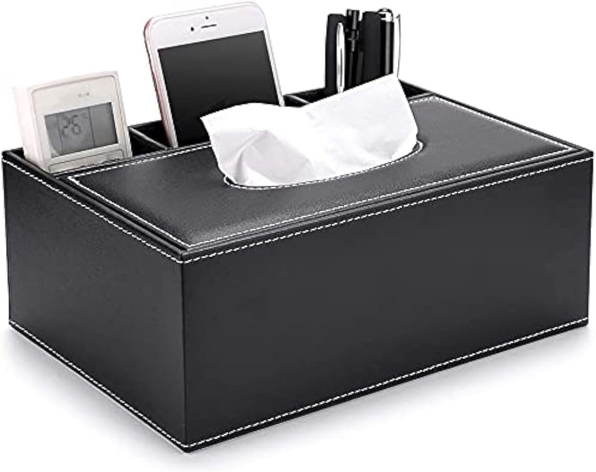 Elegante en stijlvolle grote tissuebox van PU-leer met opbergruimte voor afstandsbediening - Praktische en moderne organizer voor papieren servetten en bureauaccessoires (Zwart)