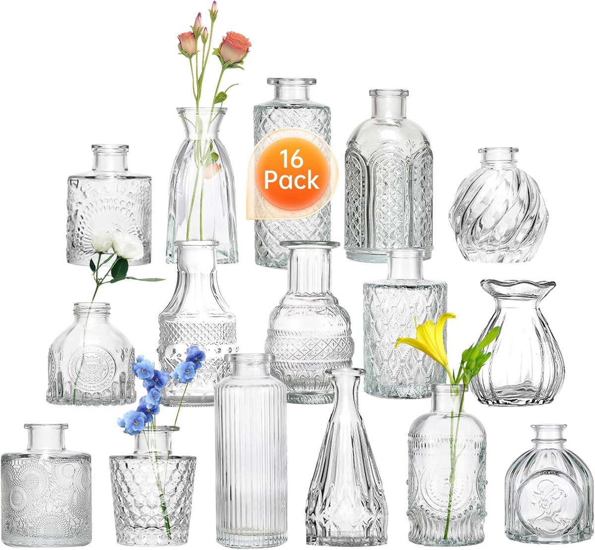 SnelShoppen - Kleine vazen set van 16 stuks mini glazen bloemenvazen decoratie vintage voor bruiloft, keuken, eetkamer, woonkamer, badkamer, verjaarda