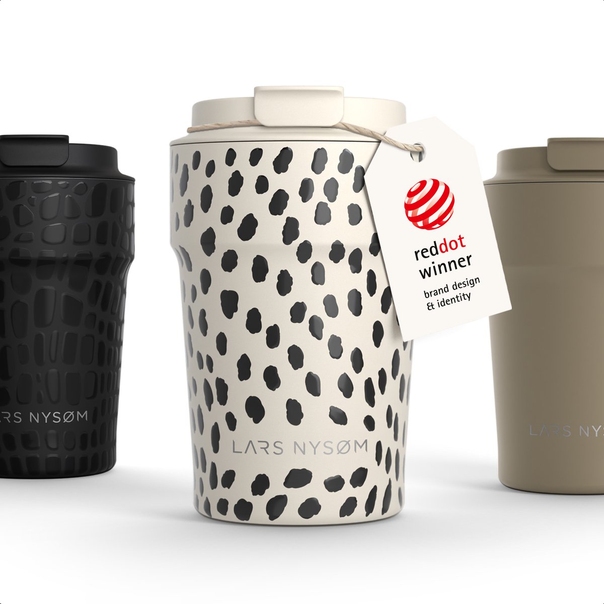 LARS NYSØM Bevægelse Thermos Coffee Mug-to-go 380ml - BPA-vrij met Isolatie - Lekvrije Roestvrijstalen Thermosbeker (Cream Beige/Abstract/Gloss Black)
