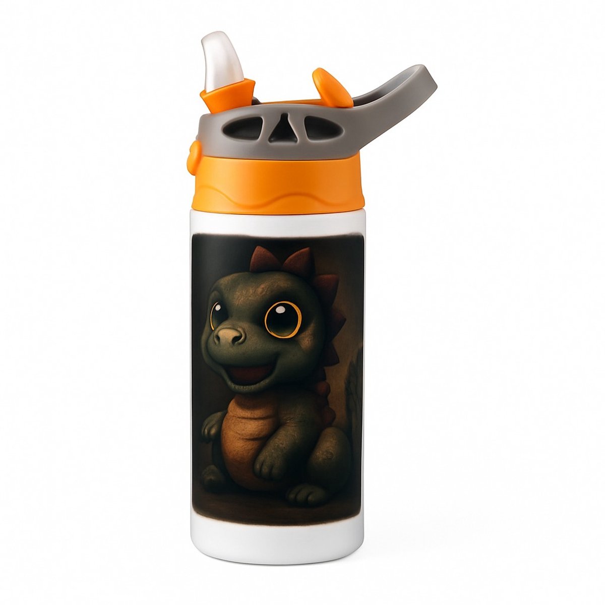 Duistere Dino Cartoon Drinkfles – Stevige Drinkfles voor Reptielen- en Cartoonliefhebbers - Waterfles voor kinderen (wit/oranje)