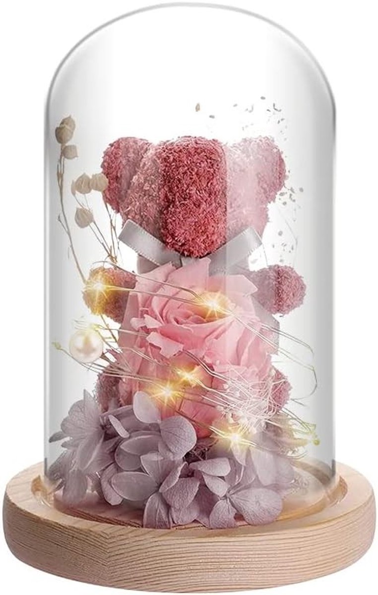 Eternal Rose Bear in Glazen Kooi met LED Verlichting en Houten Basis - Perfect Cadeau voor Vrouwen, Verjaardag, Moederdag en Valentijnsdag