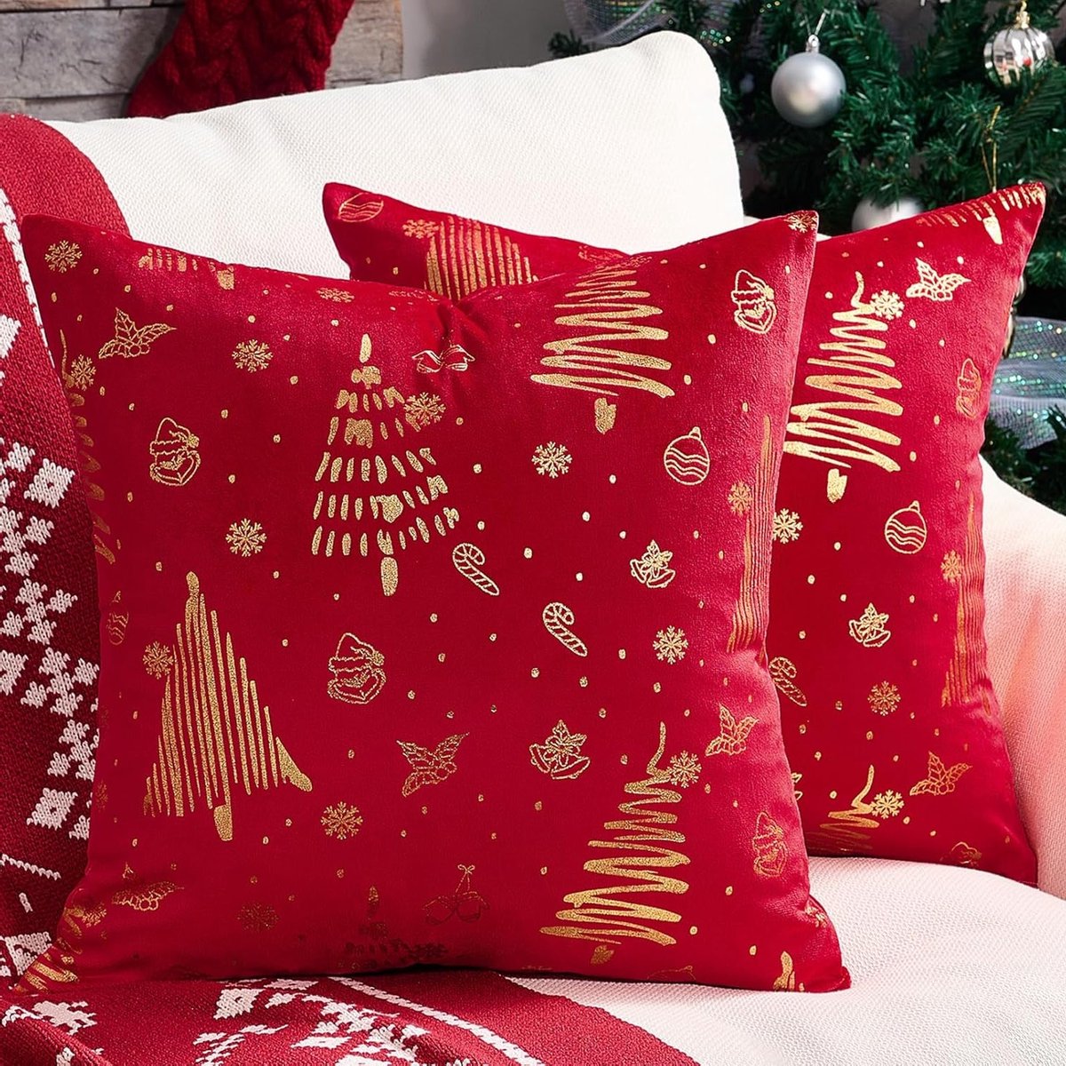 Cadeau-Set van 2 Fluwelen Kussenslopen 45x45 cm in Kerstrood voor Woonkamer en Slaapkamer Decoratie