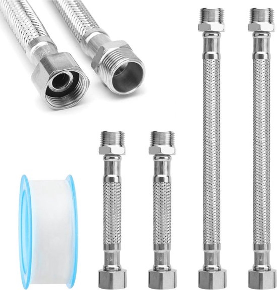 Set van 4 Flexibele Slangen 3/8 Inch, Stalen Beschermde Tuinslang, Wateraansluiting en Verlenging (10 cm/20 cm)