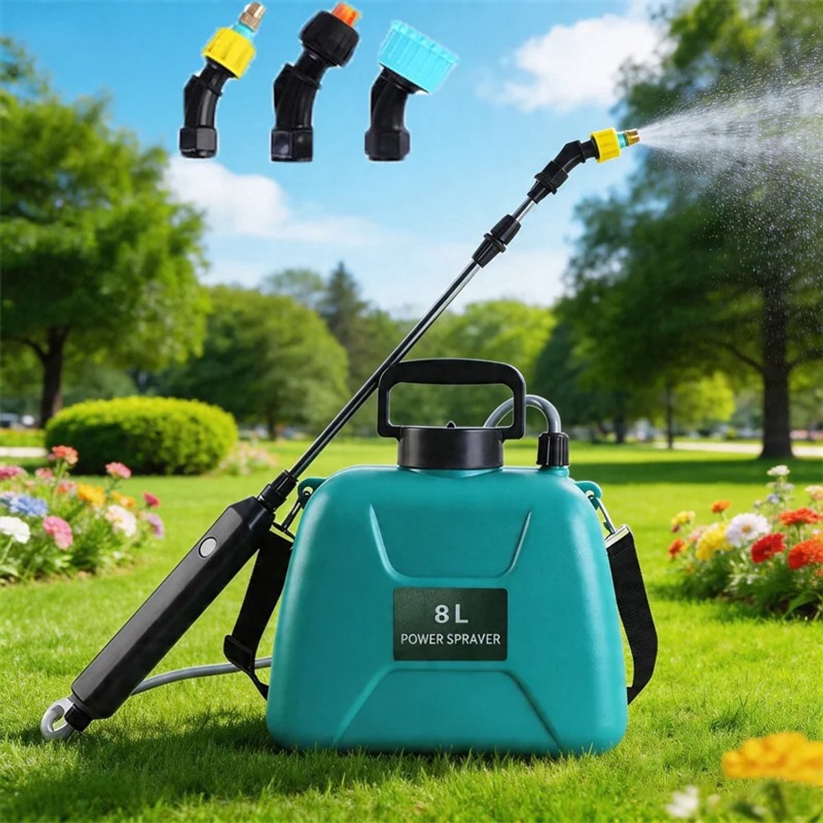 Novaro drukspuit - Elektrisch - 8L - Accu 2400mAh - 3 sproeikoppen - Telescopische spuitlans - Draagbaar - Groen