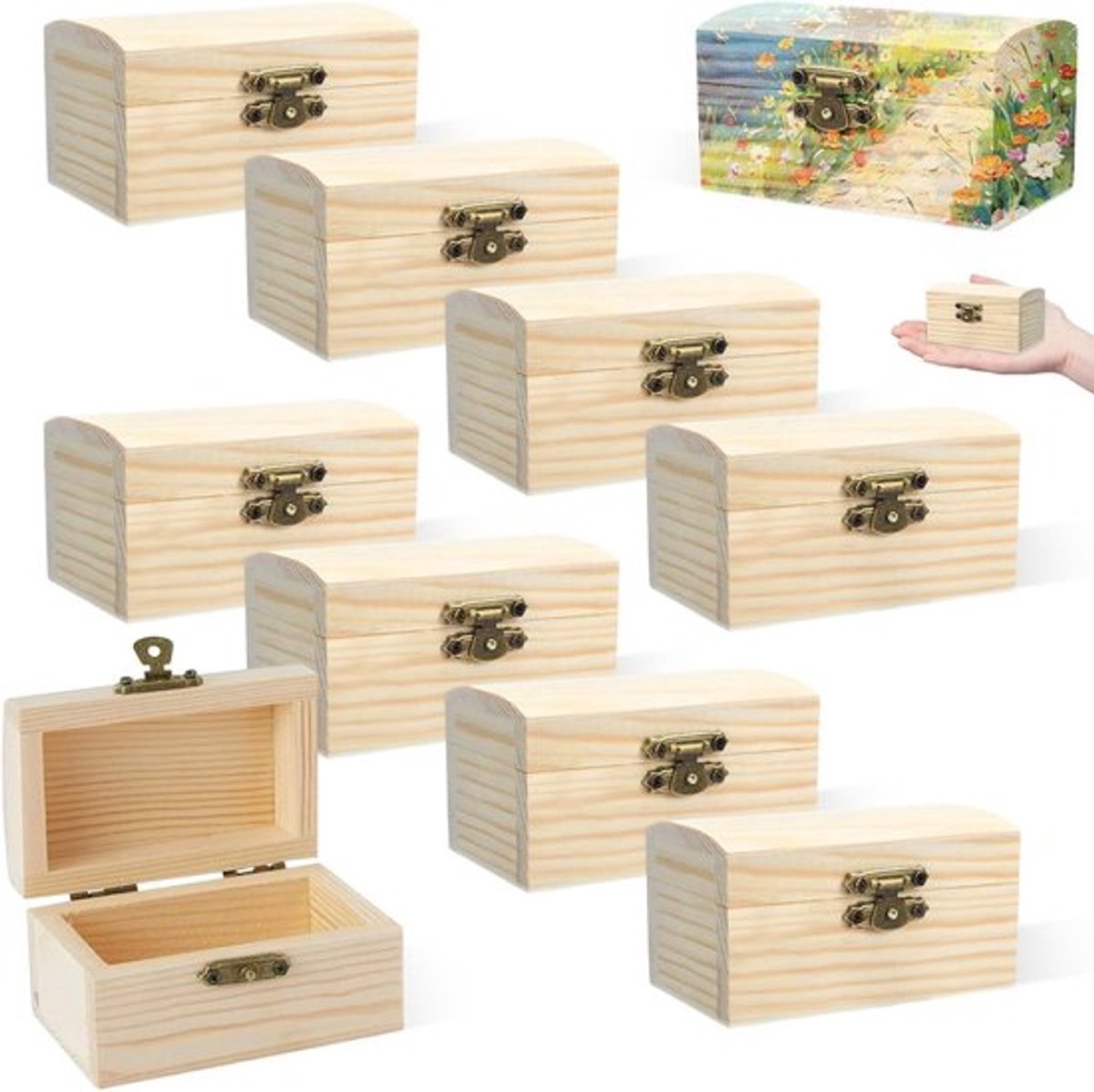 Houten Doos met Deksel en Sluiting, Rechthoekige Schatkist voor Opslag, DIY Projecten en Cadeaus, Perfect voor Feestjes en Decoratie (9 x 5.5 x 5 cm)