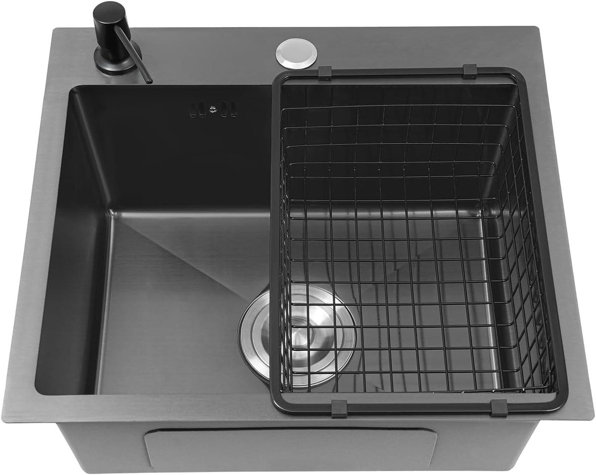 Keuken Spoelbak Set - RVS Spoelbak - Keukenwerk Organiseren - Inclusief Zeepdispenser - 45 x 40 cm - Zwart