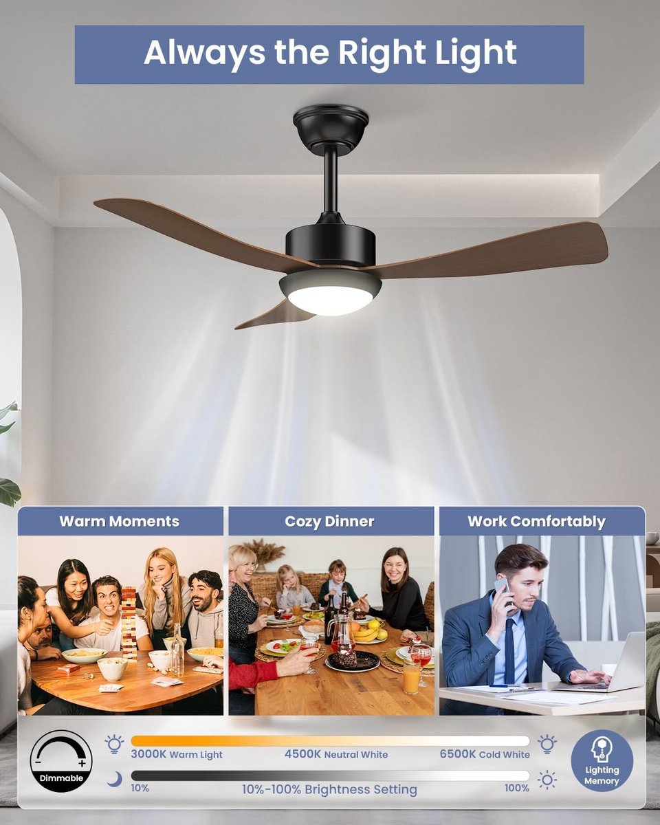 Plafondventilator met verlichting - Donkere houtnerf - 106 cm - Stil en met afstandsbediening - Voor slaapkamer en woonkamer