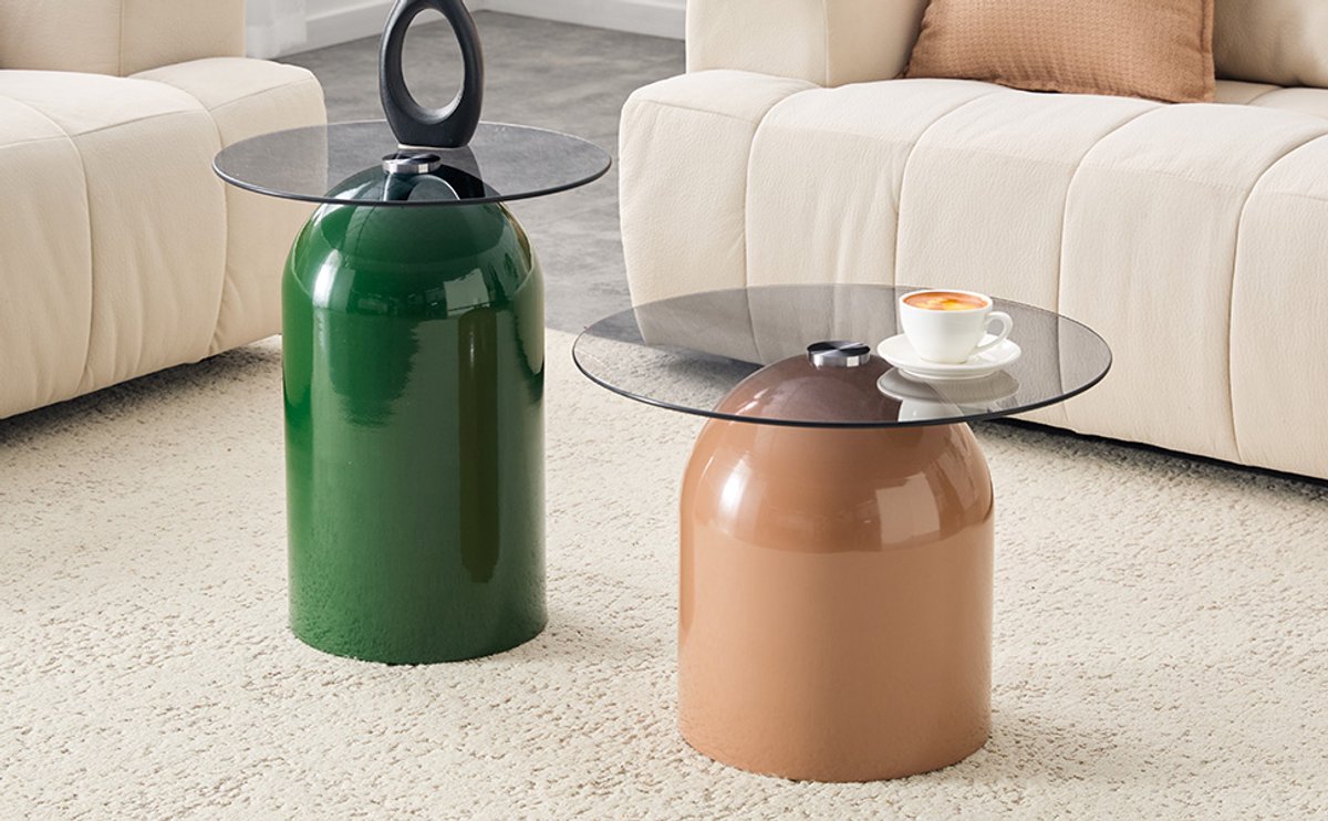 Wishdor 2-delige salontafel set - Rond - Glas en metaal - Hoogglans - Nestbaar - Groen en lichtbruin - Voor woonkamer en kantoor