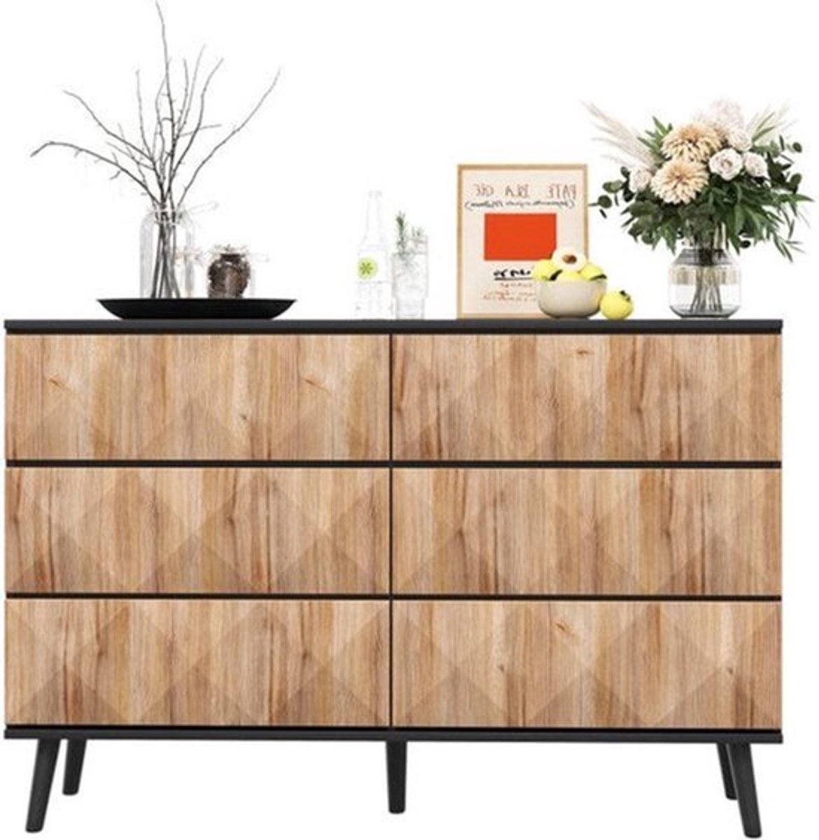 Dressoir – Buffetkast – Ladekast – Opbergkast – Wandkast – 6 Lades – Zwart/Natuurlijk Hout – Verhoogde Ladefronten – Taps Toelopende Poten