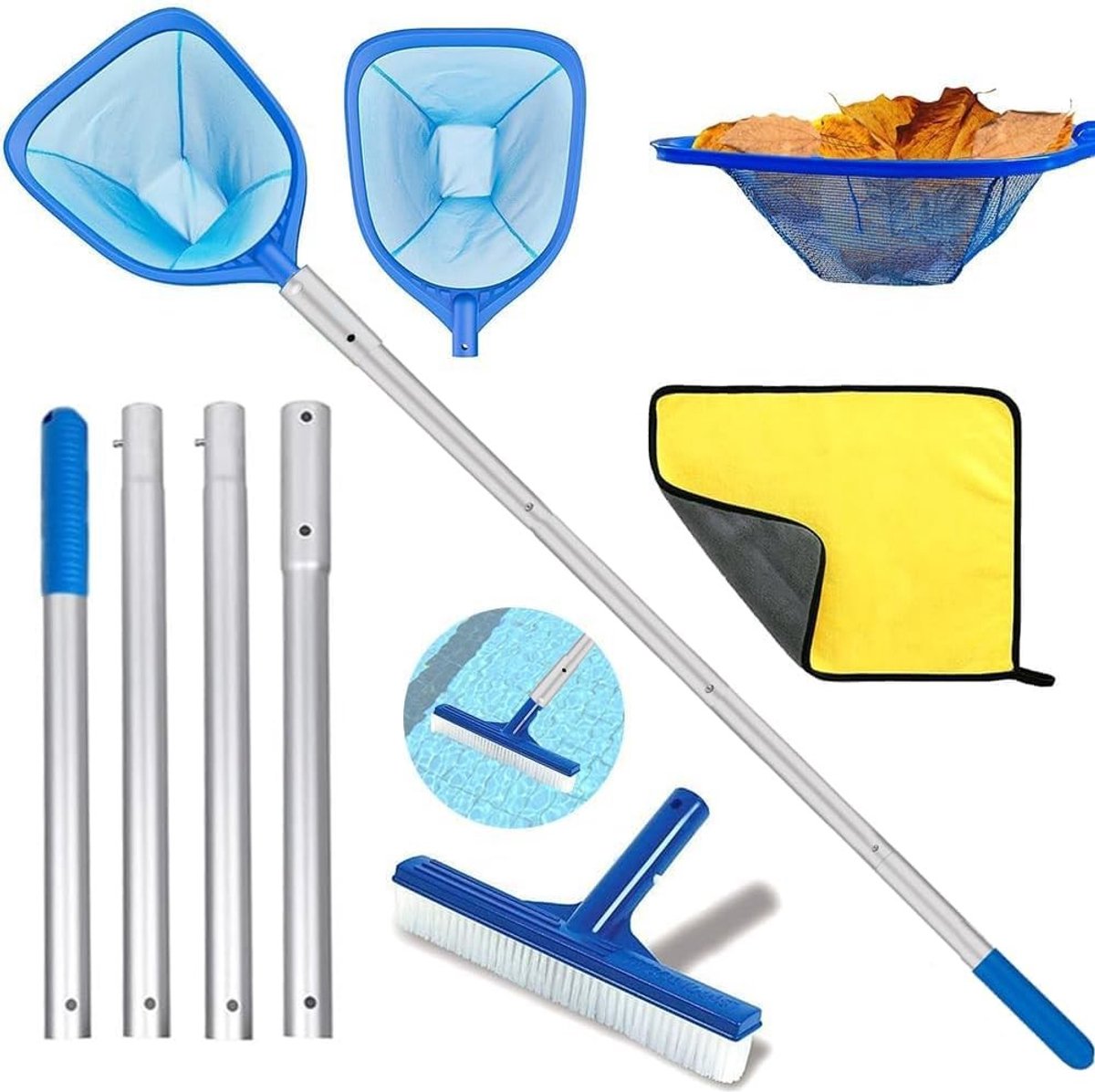 Landingnet voor zwembaden met fijne mesh, 187 cm lang, ideaal voor het schoonmaken van de bodem en bladeren, pool cleaning set
