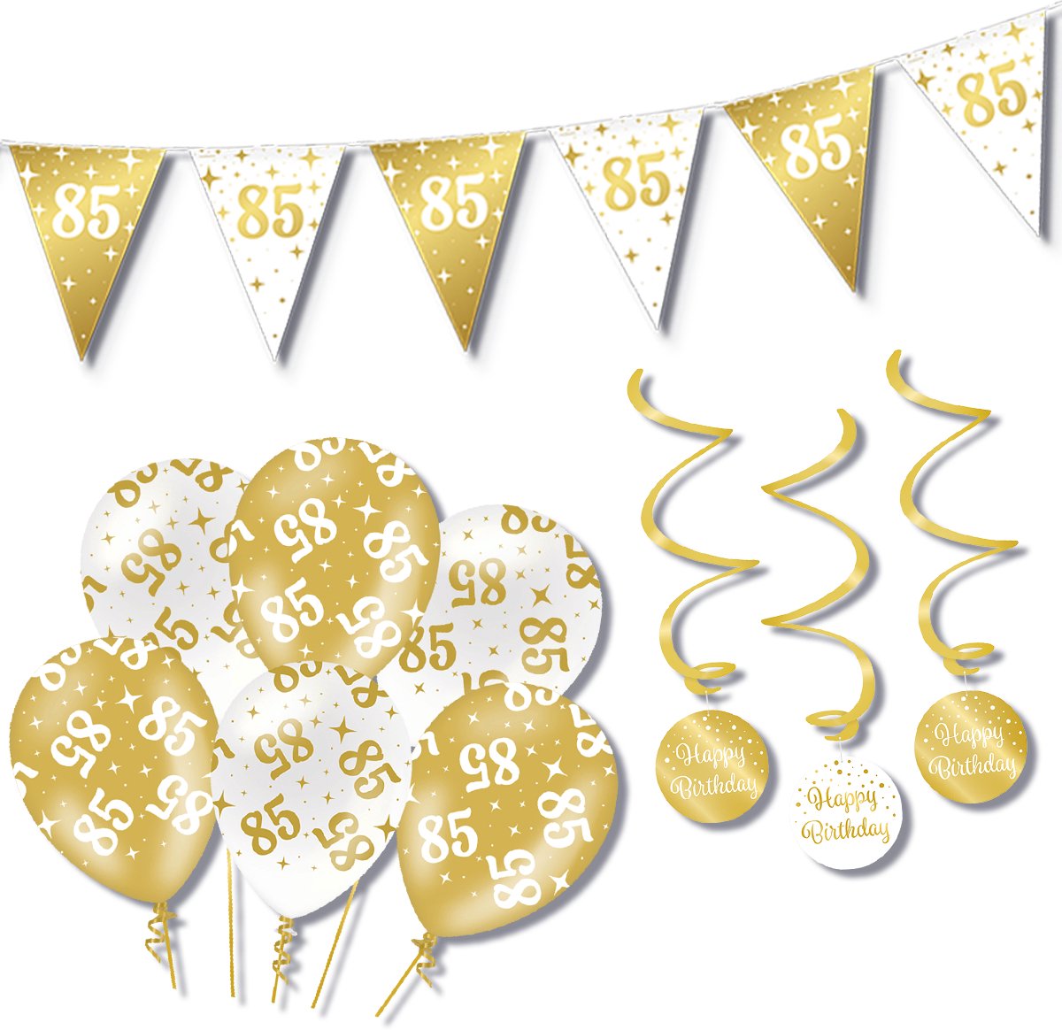 BTH – Verjaardag 85 Jaar – Wit-Goud – Verjaardag Set – Ballonnen-Swirls-Vlaggenlijn – Alles-in-1 – Decoratie Pakket